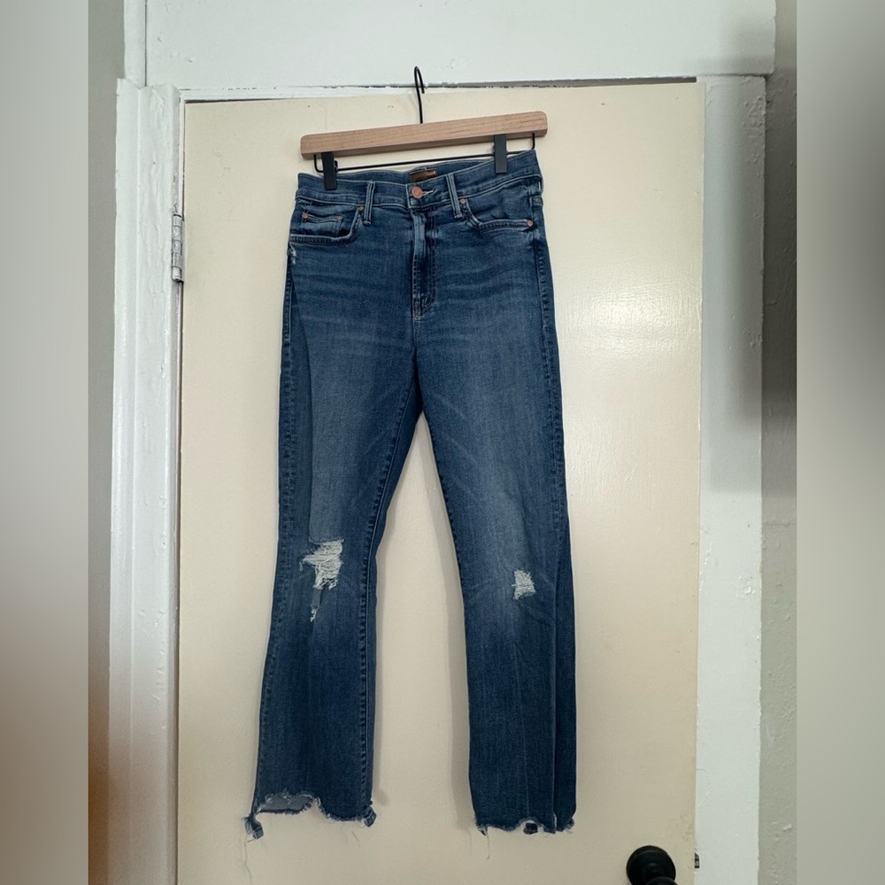 MOTHER Distressed Straight Leg Jeans in Medium Blue
